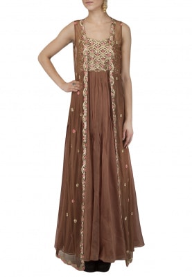 Brown Embroidered Gown with Sleeveless Jacket