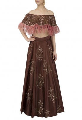 Maroon Embroidered Cape Crop Top with Lehenga