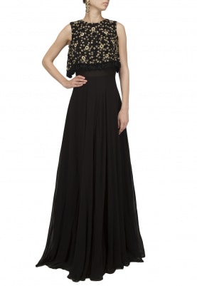 Black Embroidered Cape Gown
