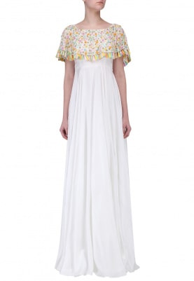 White Embroidered Off-Shoulder Cape Gown