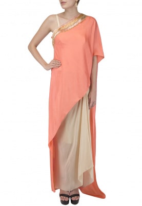 Peach Embroidered Assymetric Cape with Corset and Drape Skirt