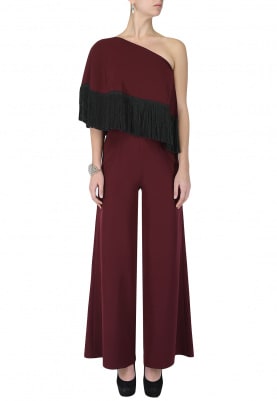 Maroon One Shoulder Cape with Fringed Jumpsuit