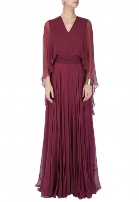 Maroon Gathered Gown with Cape