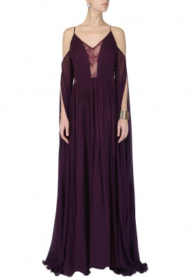 Purple Gathered Drape Sleeves Gown