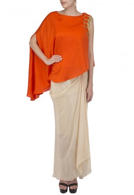 Orange Embroidered Cold Shoulder Cape with Corset and Drape Skirt