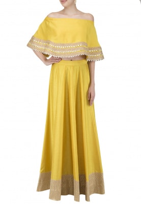 Yellow Gota Embellished Cape Crop Top and Skirt