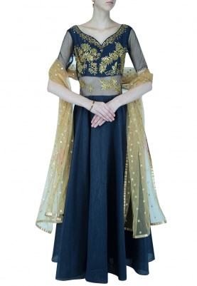 Navy And Gold Embroidered Anarkali Set