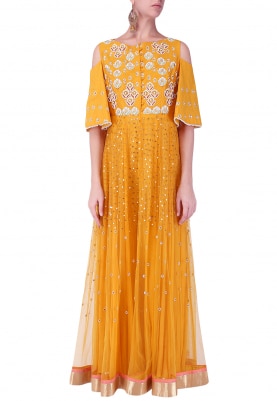 Yellow Embroidered Cold Shoulder Anarkali