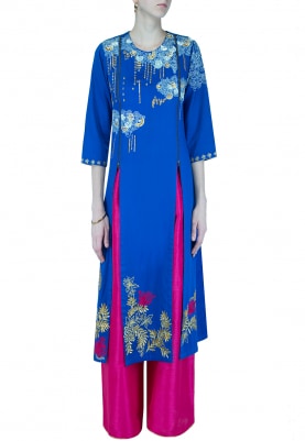 Blue Embroidered Kurta With Magenta Pants