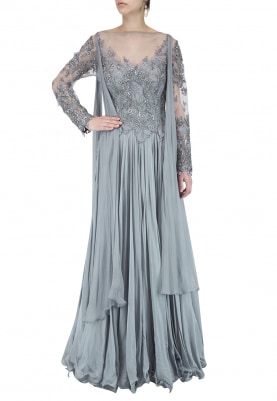 Smokey Grey Embroidered Anarkali with Attached Drapes