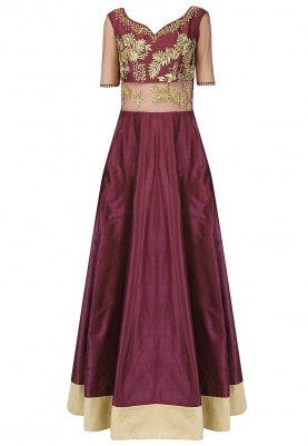 Wine And Gold Embroidered Anarkali Set