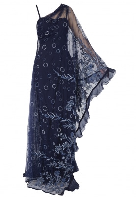 Midnight Blue Embroidered Side Cape Gown