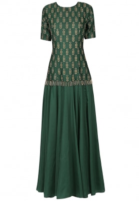 Bottle Green Embroidered Fusion Gown with Dupatta