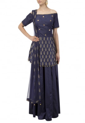 Navy Off Shoulder Embroidered Peplum with Skirt Set