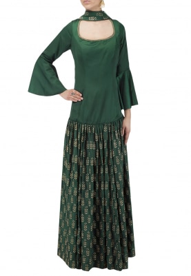 Bottle Green Embroidered Fusion Gown with Dupatta