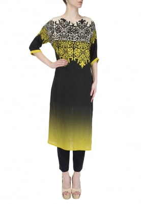 Black and Yellow Ombred Abstract Print Kurta