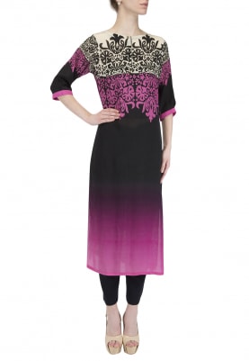 Black and Pink Ombred Abstract Print Kurta