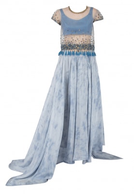 Maritime Blue Sequinned Top with Pleated Skirt