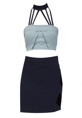 Pleated Spider Collar Crop Top and Shirt Side Cut-Out Skirt
