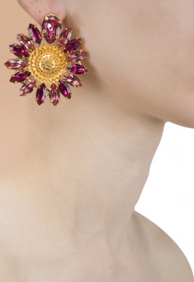22K Gold Plated Pink and Purple Stone Sunflower Earrings