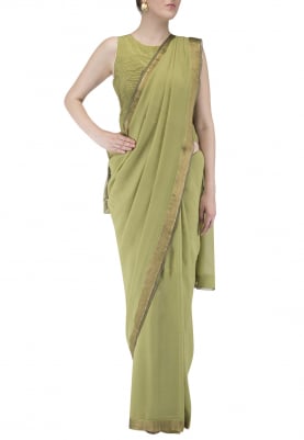 Olive Green Saree with Jacket Style Blouse