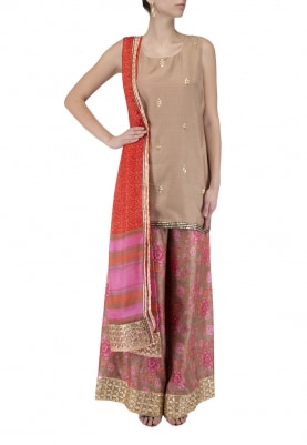 Beige Embroidered Short Kurta With Printed Palazzo Pants Set