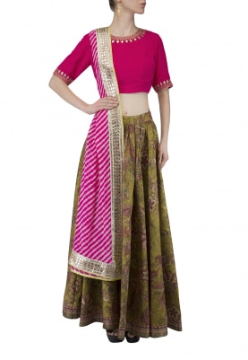 Pink Embroidered Blouse With Lime Green Printed Lehenga Set