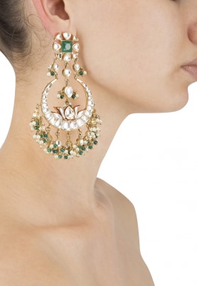 22k Gold Plated Kundan and Emerald Stone Crescent Earrings