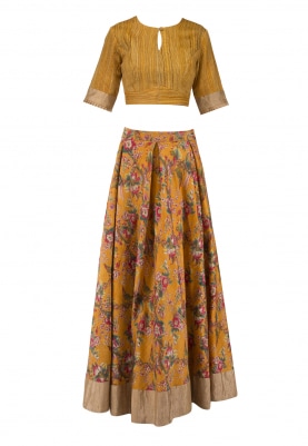 Honey Mustard Embroidered Blouse With Apricot Printed Lehenga Set