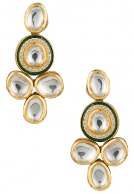 Gold Plated Kundan And Green Enamel Small Studs