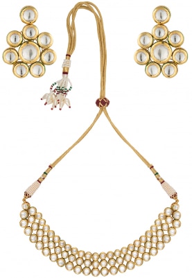 Gold Finish Kundan Studded Three String Necklace Set