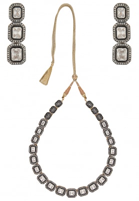 Antique Finish White Cz Stones Single Line Necklace Set