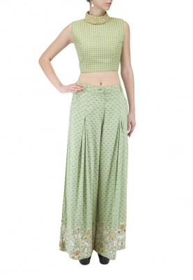 Pista Green Crop Top and Flared Pant
