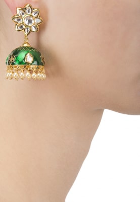 Gold Finish Kundan and Meena Jhumki Earrings