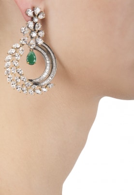 Silver Finish Diamonds and Green Stone Earrings