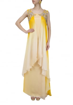 Peach and Mustard Embroidered Layered Gown