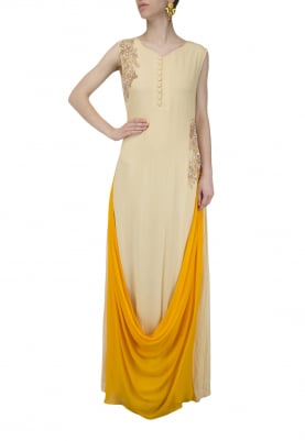 Beige and Mustard Cowl Drape Gown