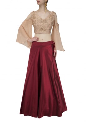 Beige Embroidered Crop Top and Maroon Skirt Set