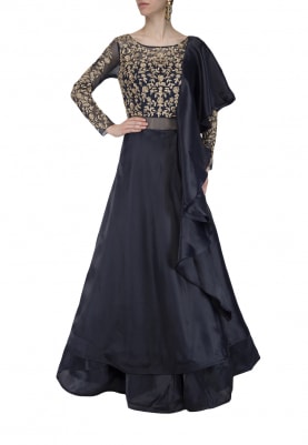 Navy Blue Embroidered Ruffled Gown