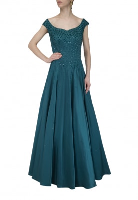 Teal Green Resham Embroidered Gown
