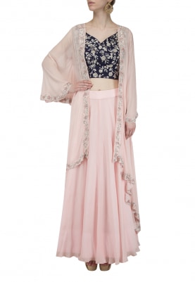 Navy Blue Embroidered Blouse with Pink Lehenga and Jacket Set