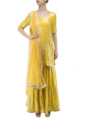 Yellow Jacquard Short Kurta with Gharara Set