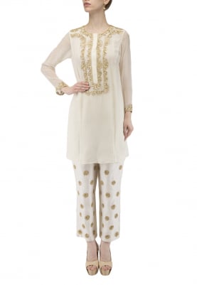 Ivory Embroidered Short Kurta with Chanderi Pants