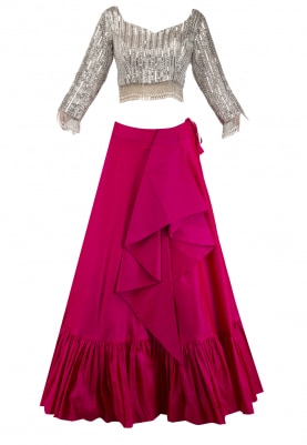 Hot Pink Frilled Skirt with Grey Embroidered Crop Top