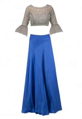 Grey Embroidered Crop Top with Royal Blue Skirt