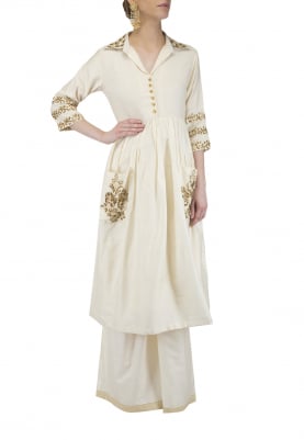 Ivory Embroidered Tunic with Flared Pants Set