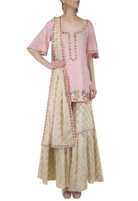 Blush Pink Embroidered Short Kurta with Gharara Set