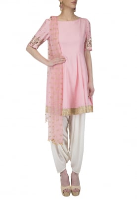 Blush Pink Embroidered Peplum Kurta with Dhoti Salwar Set