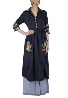 Midnight Blue Embroidered Tunic with Flared Pants Set