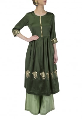Seaweed Green Embroidered Tunic with Flared Pants Set